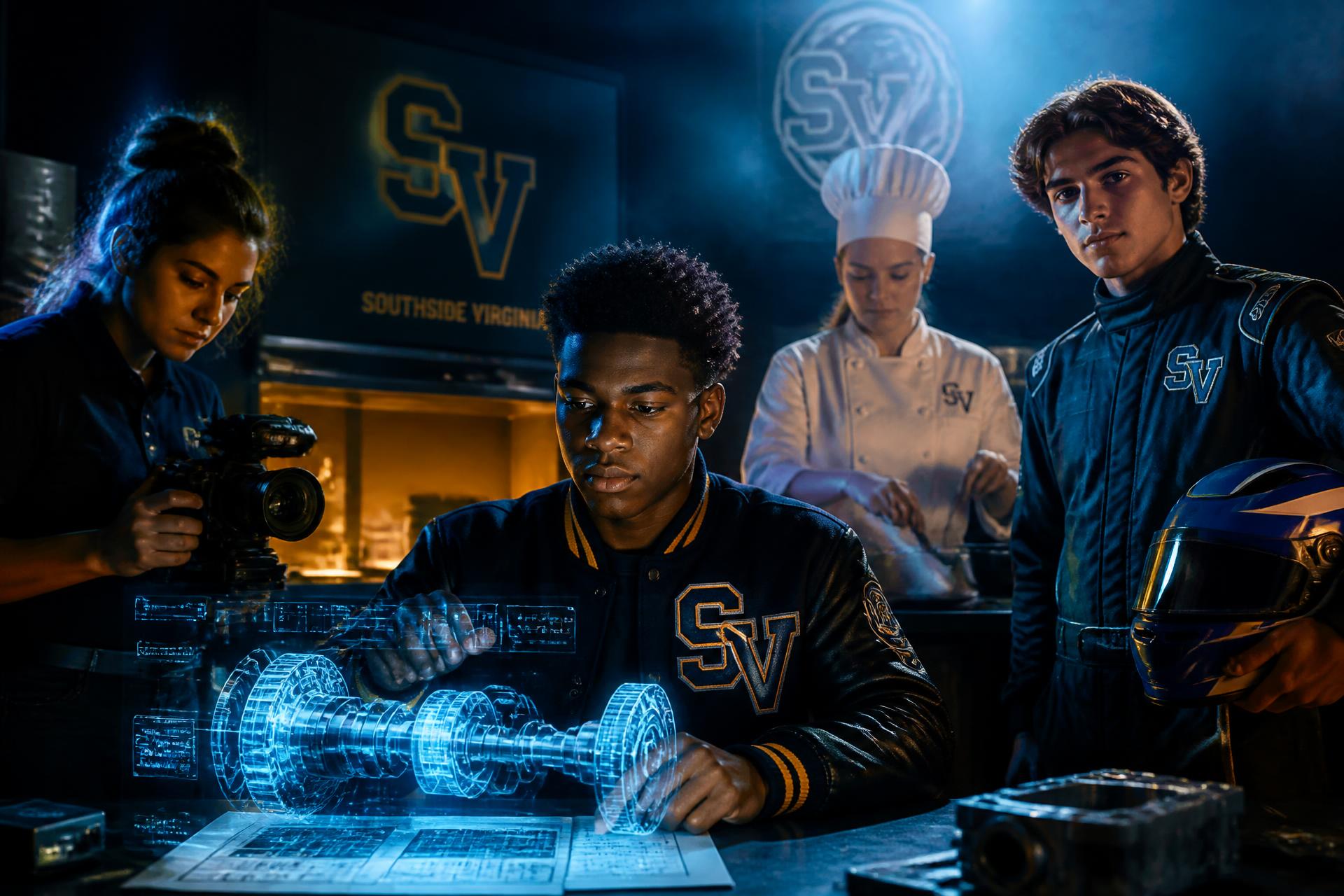 Diverse Southside Virginia students engaged in STEM, sports, media, and culinary learning