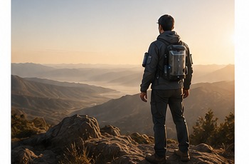 Field worker wearing a water-harvesting jacket overlooking a dry mountain landscape