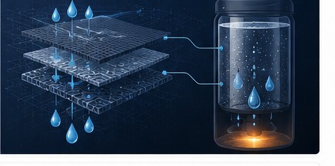 Technical diagram showing layered textile fibers collecting and releasing water droplets